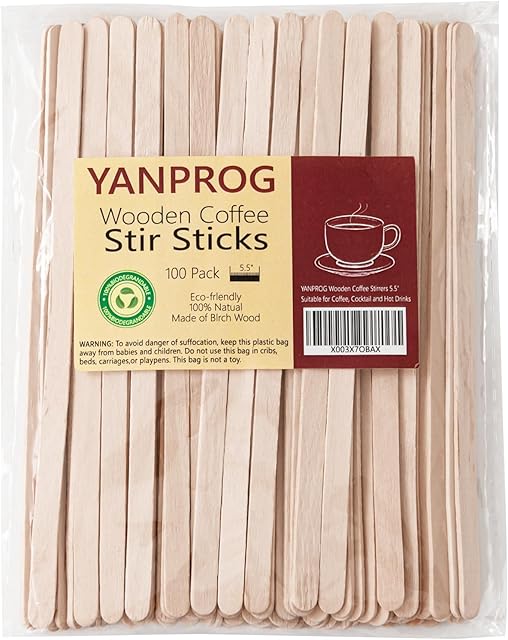 Wooden Coffee Stirrers 5.5" Coffee Stir Sticks 100 Pcs, Natural Birch Round End Thick Birch Wood Eco-Friendly, Suitable for Coffee, Cocktail and Hot Drinks