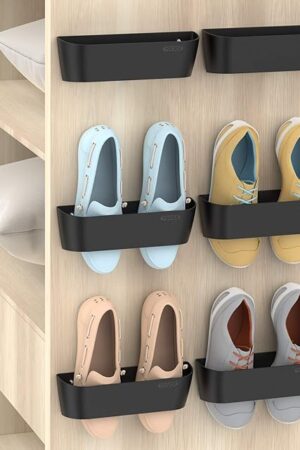 Wall Mounted Shoes Rack 6Pack with Sticky Hanging Strips, Plastic Shoes Holder Storage Organizer,Door Shoe Hangers (SM03-Black-6)