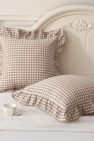 2 Pack Taupe/White Plaid Ruffle Throw Pillow Covers Farmhouse Checkered Chic Washed Cotton Pillowcases Gingham Pillow Shams for Bed, Sofa, Living Room-20"x20"