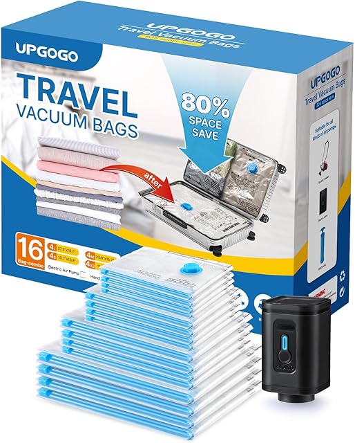 Combo 16 Pack Travel Vacuum Bags with Portable Electric Pump, Space Saver Vacuum Storage Bags for Clothing and Luggage, Travel Essentials