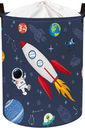 Clastyle 63L Cosmic Astronaut Rocket Laundry Hamper for Boy Large Large Collapsible Dirty Clothes Kid Laundry Basket Dark Blue Toys Storage Basket with Lid, 15.7x19.7 in