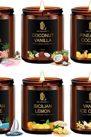 6 Pack Scented Candles Set, 42oz 300 Hour Long Lasting Candle, Soy Candles for Home Scented, Scents of Pink Sands/Coconut Vanilla/Bahama Breeze/Pineapple Cocktail/Sicilian Lemon/Vanilla Ice Cream