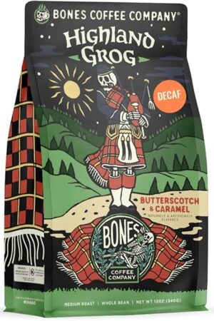 Bones Coffee Company Decaf Highland Grog, Butterscotch Caramel Decaffeinated Flavored Coffee, Medium Roast Low Acid Arabica Beans For Auto drip and French Press Coffee Maker, 12 Oz Ground
