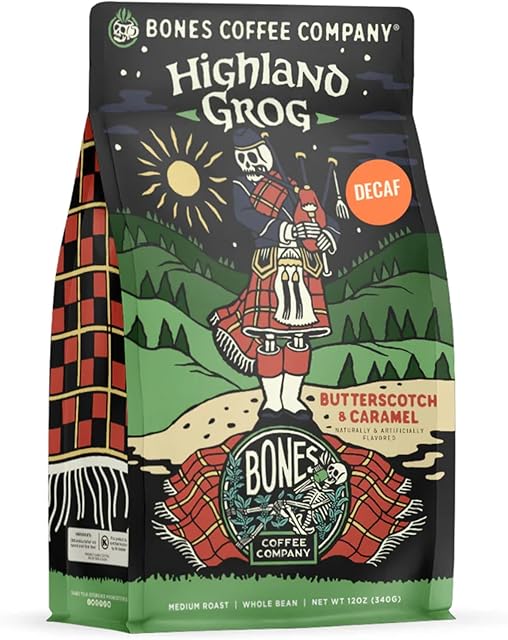 Bones Coffee Company Decaf Highland Grog, Butterscotch Caramel Decaffeinated Flavored Coffee, Medium Roast Low Acid Arabica Beans For Auto drip and French Press Coffee Maker, 12 Oz Ground