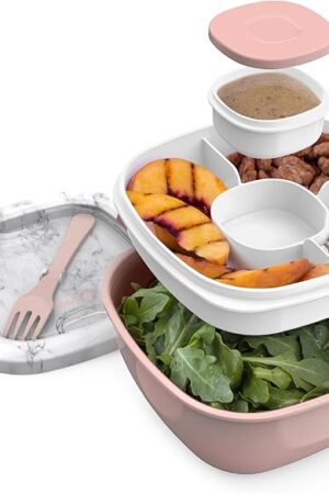 Bentgo Salad Container - 54 oz Bowl with 4-Compartment Toppings Tray, Dressing Container, Reusable Fork, BPA-Free Lunch Box for Meal Prep & Food Storage; Removable Bento Tray (Blush Marble)
