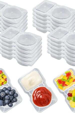 20 Sets Snack Containers, Snack Pack Containers with Lid, Double Compartment Condiment Container, Plastic Container for Sauce Salad Snacks Travel Take-out Food