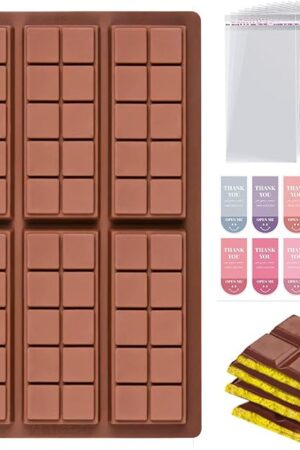 6 Cavities Chocolate Bar Mold Deep with 100pcs Storage Bags and 100pcs Stickers, Non-Stick Rectangle Wax Melt Silicone Molds for DIY Chocolate Molds Gift (6 Cell 10 Section)