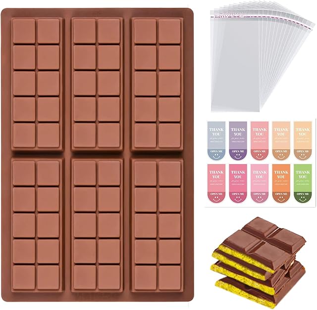 6 Cavities Chocolate Bar Mold Deep with 100pcs Storage Bags and 100pcs Stickers, Non-Stick Rectangle Wax Melt Silicone Molds for DIY Chocolate Molds Gift (6 Cell 10 Section)