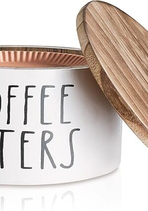 Wooden Coffee Filter Holder With Lid - Rustic Storage Container and Dispenser Basket for Coffee Bar Decor, Farmhouse Accessories - White