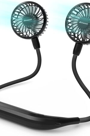 AMACOOL Neck Fan Battery Operated Neckband Fan Hand-Free Wearable Personal Fan for Hot Flashes Home Office Travel Outdoor Sports (Black)