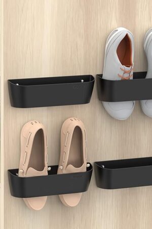 Wall Mounted Shoes Rack 4Pack with Sticky Hanging Strips, Plastic Shoes Holder Storage Organizer,Door Shoe Hangers (SM03-Black-4)