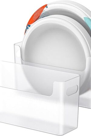 2Pcs Paper Plate Dispenser for 6-9.5 Inch Disposable Plates, Space-Saving Plastic, Foam and Paper Plate Storage Organizer for Cabinet, Countertop, RV or Outdoor (Transparent)
