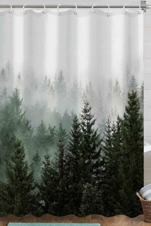 Aipon Green Misty Forest Shower Curtain Nature Tree Shower Curtain Set Dark Green Fabric Waterproof Shower Curtains for Bathroom Decor with 12 Hooks (72'' × 72'', Green4)