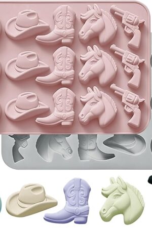 2Pcs Cowboy Chocolate Molds Baking Moulds Silicone Hat Boot Horse Saddle Shape, Candy Molds Western Themed Party for Ice Cube Cupcake Decorations Clay