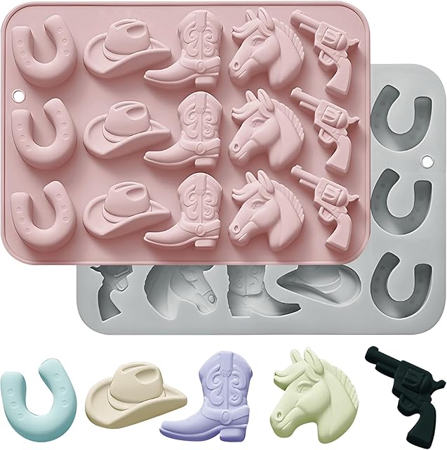 2Pcs Cowboy Chocolate Molds Baking Moulds Silicone Hat Boot Horse Saddle Shape, Candy Molds Western Themed Party for Ice Cube Cupcake Decorations Clay