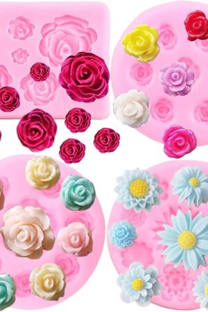 ZiXiang Rose Flower Silicone Molds Daisy Flower Fondant Mold For Cake Decorating Cupcake Topper Candy Polymer Clay Chocolate Gum Paste Set of 4