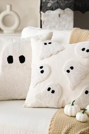 2 Pcs Halloween Pillow Covers 18 x 18 Inch White Ghost Throw Pillowcase Soft Pillow Covers Cushion Cases Halloween Decorations for Sofa Couch Chair Living Room Bed Home in/Outdoor Party Gift