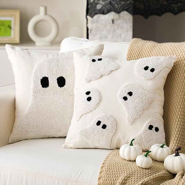 2 Pcs Halloween Pillow Covers 18 x 18 Inch White Ghost Throw Pillowcase Soft Pillow Covers Cushion Cases Halloween Decorations for Sofa Couch Chair Living Room Bed Home in/Outdoor Party Gift