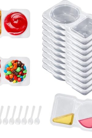 10-Pack Snack Containers with Lids & Spoons | Double Compartment Condiment Containers | Dishwasher-Safe, Leakproof Snack Box for Lunchables, Sauces & On-the-Go Meals (10)
