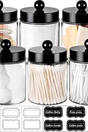 Amolliar Apothecary Jars Bathroom Vanity Storage Organizer Set -Countertop Canister Plastic Acrylic Jar - Farmhouse Decor Qtip Holder for Cotton Swabs,Makeup Sponges,Flossers,Paper Clips-Black (6)