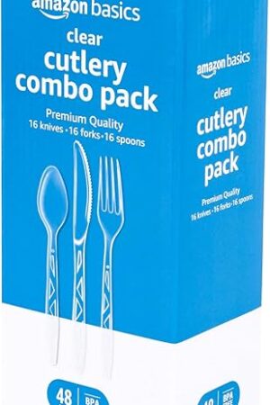 Amazon Basics Disposable Clear Plastic Cutlery, Premium Quality, 48 Count, Combo Pack: 16 Forks, 16 Spoons and 16 Knives