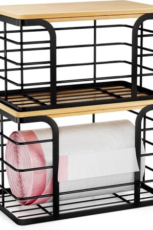 2 Pack Trash Bag Holder,Wall Mount Garbage Bag Dispenser with Bamboo Top,Stackable Storage for Kitchen Pantry Laundry Organization,Black Large and Small