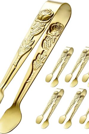 6PCS Mini Serving Tongs 4 Inches Small Rose Sugar Cube Tongs (Gold)