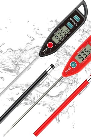 BOMATA 2 Pack Waterproof IPX7 Meat Thermometer Instant Read Food Thermometer with Long Probe for Water, Liquid, Kitchen Cooking, Grill,BBQ ! T101 X 2 Pcs (Black & Red)…