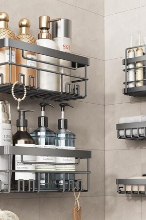 Cobbe Adhesive Shower Caddy 5-Pack, Large Wall Mounted Shower Shelves Rack, Organizer Storage Accessories with Soap Dish&Toothbrush Holder, Shelves for Bathroom Storage & Home Kitchen Decor, Gray