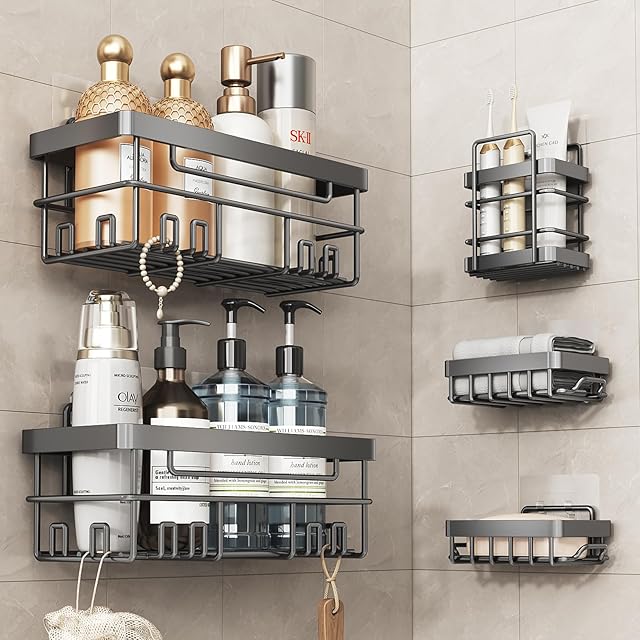 Cobbe Adhesive Shower Caddy 5-Pack, Large Wall Mounted Shower Shelves Rack, Organizer Storage Accessories with Soap Dish&Toothbrush Holder, Shelves for Bathroom Storage & Home Kitchen Decor, Gray