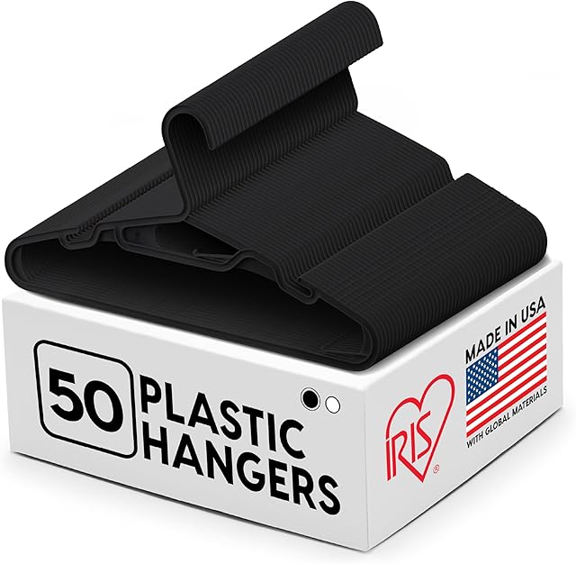 IRIS USA Hangers 50 Pack, Clothes Hangers, Flexible Plastic Hangers with Shoulder Grooves & Accessory Hooks, Dorm Room Essentials Closet Organizer, Hangers for Lightweight Shirts Pants Dress, Black