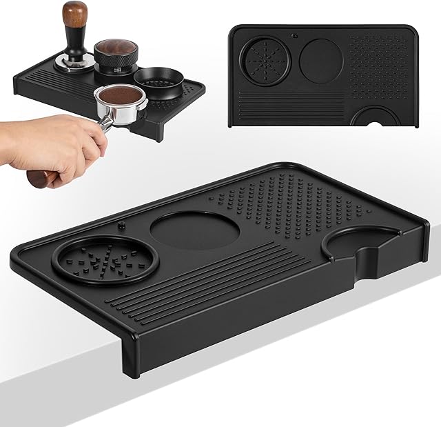 Espresso Tamping Mat, Coffee Tamper Mat, Food Grade Silicone 10.43″×5.63″ Portafilter Mat for Barista Espresso Machine Acceessories, Waterproof Heat Resistant Tamp Station for counter (Black)