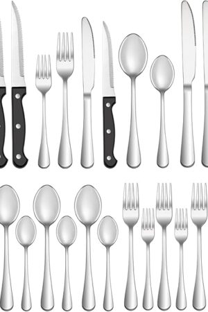 24 Pcs Silverware Set with Steak Knives Service for 4,Stainless Steel Flatware Set,Mirror Polished Cutlery Utensil Set,Home Kitchen Eating Tableware Set,Include Fork Knife Spoon Set,Dishwasher Safe