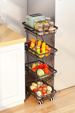 4 Tier Slim Fruit Basket for Kitchen, Stackable Metal Wire Fruit Vegetable Storage Baskets Organizer Stand on Wheels, Produce Basket Potato Onion Storage Bins Rack for Pantry. (Black)