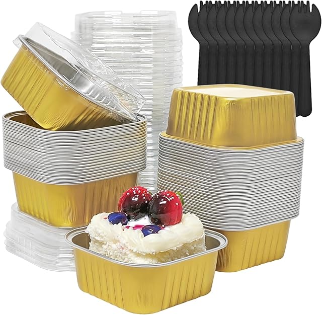 50 Pack Mini Square Cake Pans with Lids, 5 oz Disposable Ramekins Cupcake Cups Containers,Mini Cake Baking Pans for Cheesecakes, Puddings, Brownies-Gold
