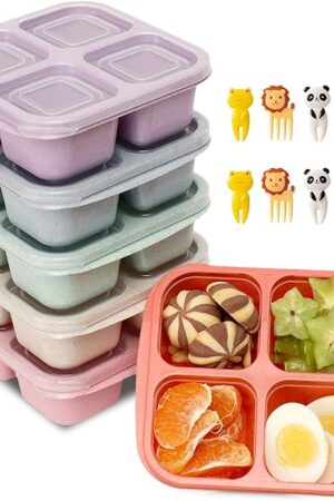 6 Pack Snack Box Containers for Kids & Adults, Reusable 4 Compartment Lunchable Container with Lids, Bento Snack Boxes for Food Storage & Meal Prep, Microwave & Dishwasher Safe, BPA-Free
