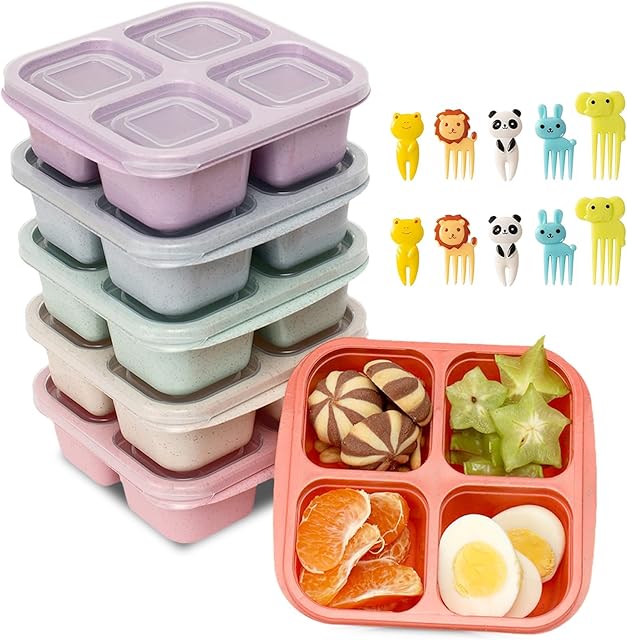 6 Pack Snack Box Containers for Kids & Adults, Reusable 4 Compartment Lunchable Container with Lids, Bento Snack Boxes for Food Storage & Meal Prep, Microwave & Dishwasher Safe, BPA-Free