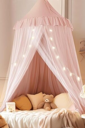 Bed Canopy with Star Lights, Double Layer Canopy for Bed, Princess Play Tent for Girls Room, Breathable Canopy Bed Curtain for Children Reading Nook, Machine Washable Canopy, 25.6''x106'', Pink