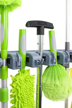 Amazon Basics Rectangular Heavy Duty, Wall Mount Storage Broom, Mop Holder or Tool Organizer with Hooks and Slots for Home, Garage, Garden, Laundry, or Kitchen, 2.36 x 16.9 x 3.35 in, Gray