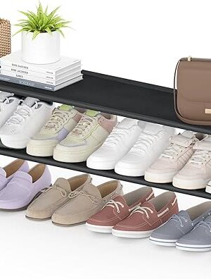 2 Tier Long Shoe Rack for Closet, Screw Fastened Plastic Connector Shoe Storage Organizer, Non-Woven Fabric Metal Shoe Shelf, Holds 18-21 Pairs for Front Door Entrance, 48.5"x12.1"x17.8"