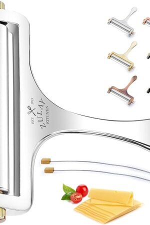 Zulay Kitchen Stainless Steel Wire Cheese Slicer - Adjustable Hand Held Cheese Cutter with 2 Extra Wires - Premium Cheese Shaver for Mozzarella, Cheddar, Gruyere - Cheese Cutter with Wire (Silver)