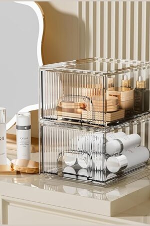 ZHIAI 2 Pack Clear Stackable Cosmetic Organizer, Acrylic Drawer, Plastic Organizer for Dresser, Vanity, Kitchen Cabinet, Pantry, Home Organization and Storage