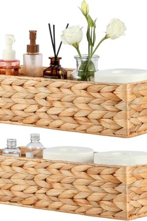 2Packs Toilet Paper Basket, Handwoven Toilet Tank Basket, Water Hyacinth Bathroom Baskets for Toilet Paper, Small Wicker Baskets for Bathroom, Laundry or Home(15.7" Lx6.3 Wx3.9 H)