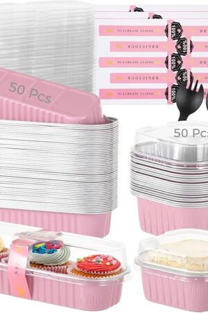 100 PCS Aluminum Foil Cups, 5oz Dessert Cups With Lids, Cupcake Liners Foil Baking Cup, Disposable Ramekins Muffin Individual Square Cupcake Container, Foil Flan Baking Cups (Pink 2)