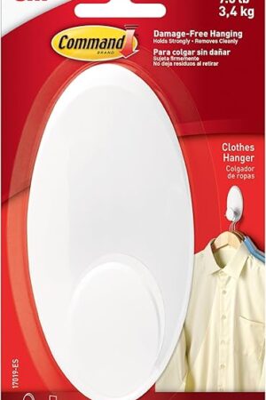 Command Clothes Hanger, Holds up to 7.5 lb, Sized for 3 Plastic Hangers or 7 Metal Hangers, 1 Wall Hooks and 2 Command Strips, Extra Storage for Laundry Room, Bedroom and Closet