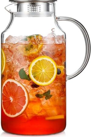 1 Gallon thickened Glass Pitcher with Lid and Spout, Borosilicate Glass Carafe for Hot/Cold Drink, Water Pitchers for Fridge, Extra Large Jug with Handle for Iced Tea, Coffee,Juice,Homemade Beverage