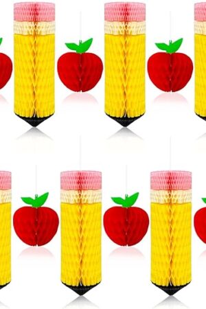 16 Pcs Pencil Apple Hanging Honeycomb,Welcome Back to School Classroom Decorations,Tissue Paper Apple Honeycomb Centerpieces for First Day of School Party Supplies Decor