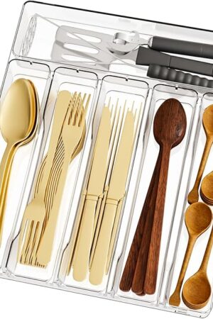 Clear Silverware Organizer for Kitchen Drawers,BPA Free Cutlery Drawer Organizer,6 Slots Plastic Utensils Organizer Suitable as In-Drawer Silverware Holder and Tray,Flatware,Knife,Fork,Spoon Organizer
