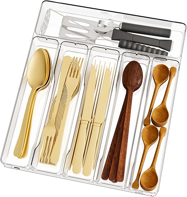 Clear Silverware Organizer for Kitchen Drawers,BPA Free Cutlery Drawer Organizer,6 Slots Plastic Utensils Organizer Suitable as In-Drawer Silverware Holder and Tray,Flatware,Knife,Fork,Spoon Organizer