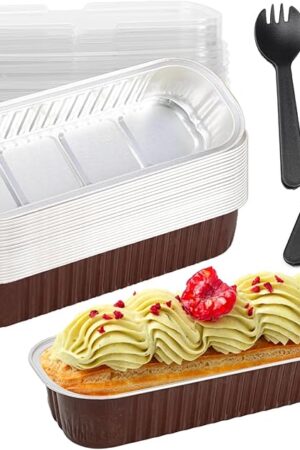 20 Pack Mini Loaf Pans with Lids and Spoons,Mini Cake Pans with Lids,Rectangle Aluminum Foil Baking Pans Tins Containers,Disposable Cupcake Baking Cups Muffin Tins for Wedding Birthday Party (Coffee)